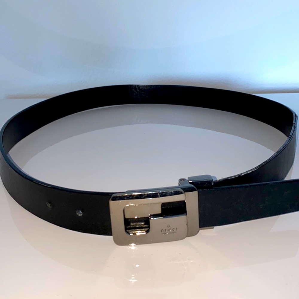 Authentic Gucci leather belt, polished gunmetal G belt, men’s 32”
